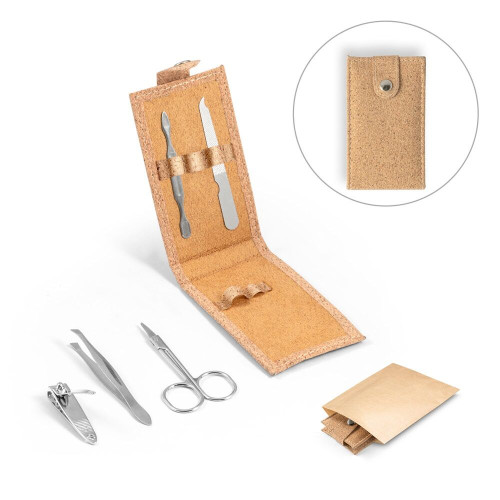 ZENA. Conjunto de manicura em aço inoxidável numa bolsa de cortiça
