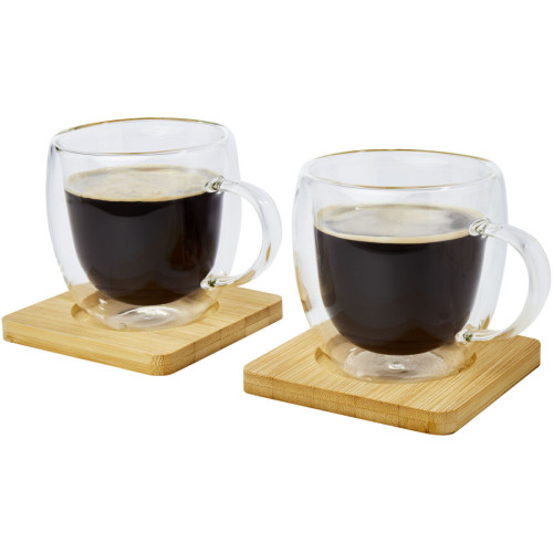 Dos tazas de vidrio de doble pared de 250 ml con posavasos de bambú "Manti" 