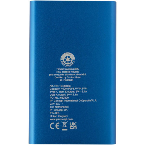 Batería externa tipo C de aluminio reciclado de 4000 mAh "Pep" 