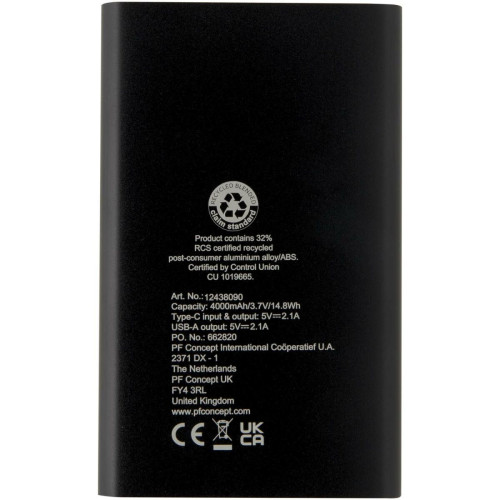 Batería externa tipo C de aluminio reciclado de 4000 mAh "Pep" 